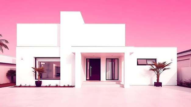 Modern minimalist house with white facade and pink sky in summer day photo