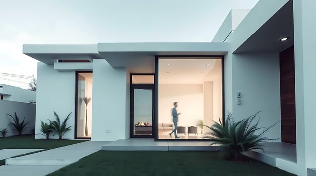 Modern minimalist house exterior design with man walking inside home photo