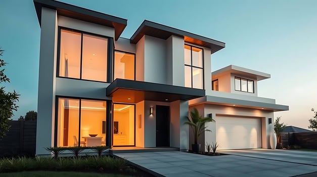 Modern architecture showcases a stylish house exterior at sunset light photo