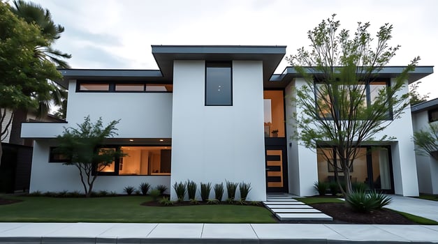 Modern home exterior with clean lines and lush landscaping at dusk photo