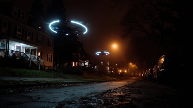 The reflective surfaces of the drones catch glimmers of city lights as they navigate the night sky seamlessly blending technology with the peaceful ambiance of a quiet neighborhood photo