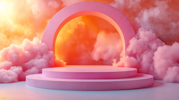 A pink cloud-filled sky with a pink arch in the middle photo