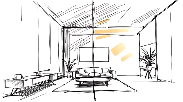 Hand-drawn sketch of a modern living room interior design with furniture. photo