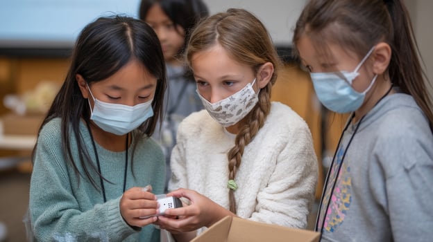 A group of children participating in a handson workshop using sensors and technology to measure temperature humidity and air quality within their neighborhood fostering awareness o photo