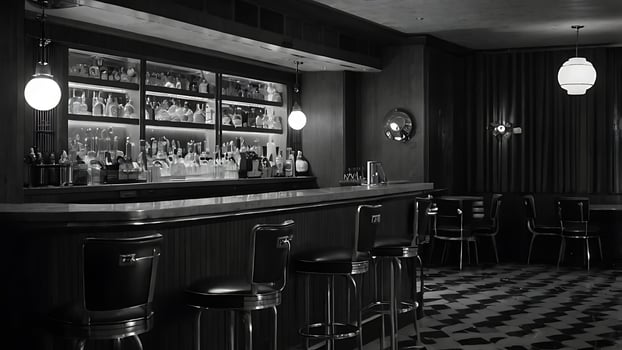 Stylish black and white bar interior with classic stools and ambient lighting. photo