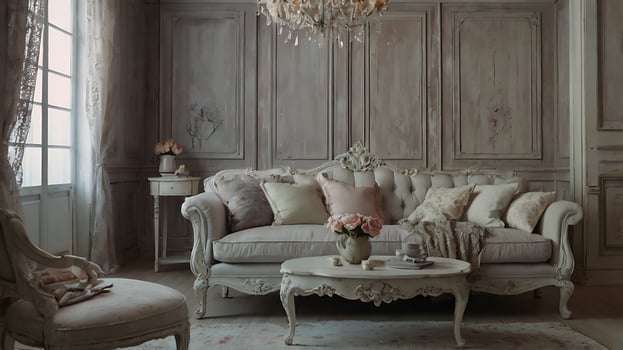 Elegant living room interior with ornate furniture and soft, natural light photo