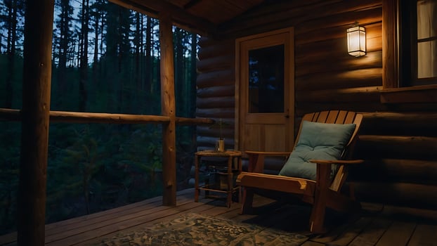 Cozy cabin porch with a wooden chair and forest view at dusk for relaxation. photo
