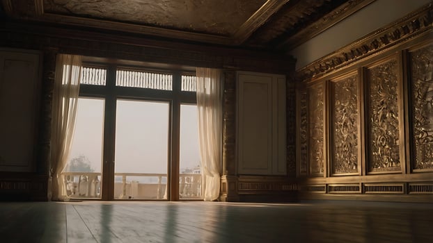 Luxurious golden interior of a room with ornate details and natural light. photo