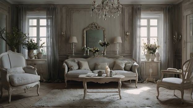 Elegant living room interior with antique furniture, soft light, and vintage charm photo