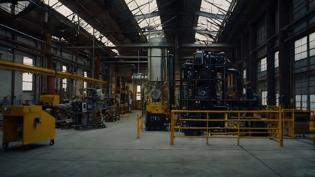 Interior view of an old industrial factory with machinery and equipment photo