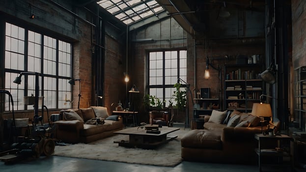 Luxurious Industrial Loft Interior with Exposed Brick and Comfortable Furniture photo