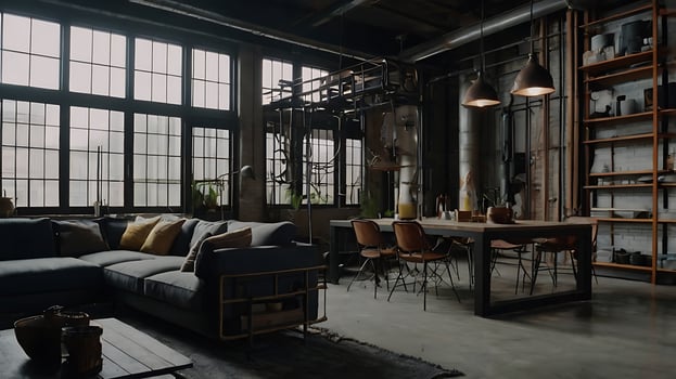 Modern industrial loft interior with large windows, dining area, and comfy couch photo