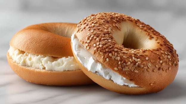 Two bagels with cream cheese, sesame seed and plain. photo