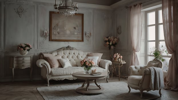 Elegant living room interior with classic furniture, soft colors, and floral accents photo