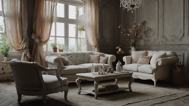 Elegant living room interior with classic furniture and natural light streaming in. photo