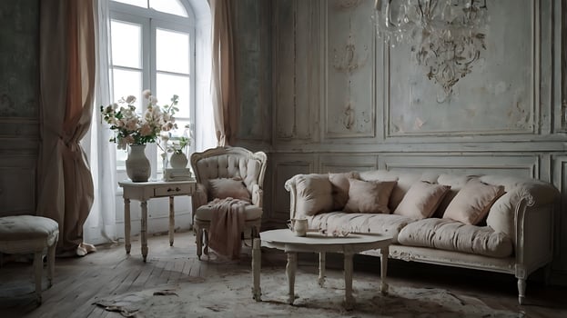 Elegant and shabby chic living room interior with antique furniture and decor photo