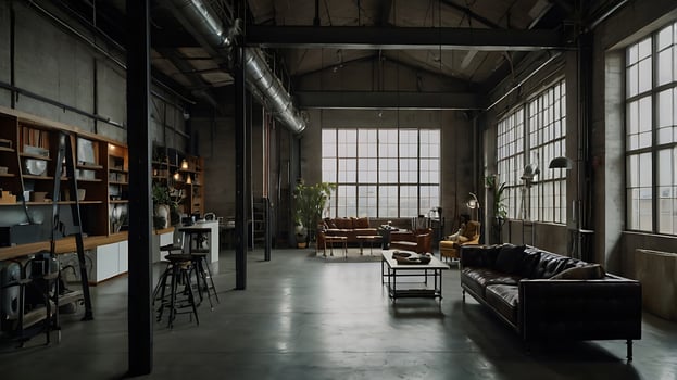 Modern Industrial Loft Interior with Stylish Furnishings and Natural Light photo