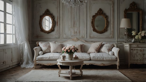 Elegant and Romantic Living Room Interior Design with Classic Furniture and Decor photo