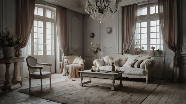 Elegant and serene interior of a classic living room with natural light and soft tones photo