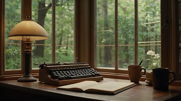 Cozy writing space with a vintage typewriter, open book, and coffee by a window photo