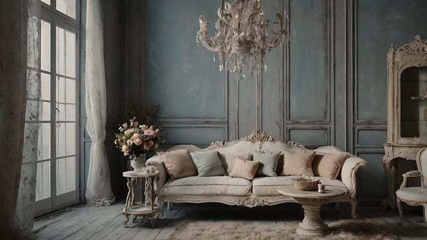 Elegant living room interior with antique furniture, soft colors, and floral details. photo