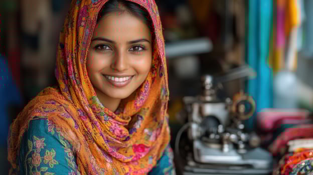 A lovely Indian woman smiles, showcasing her warm and radiant expression wearing a headscarf. photo