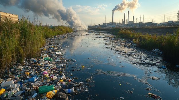 Polluted river with trash and industrial smoke, symbolizing environmental damage and hazards. photo