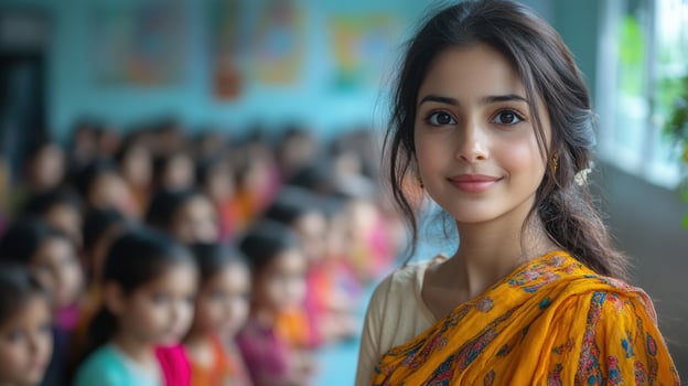 A beautiful teacher smiles warmly at the camera in a classroom full of children, looking lovely. photo