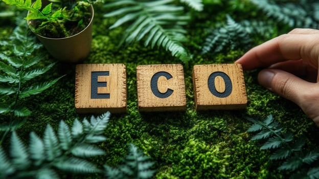 The word 'eco' spelled out with wooden blocks amidst vibrant green moss and foliage. photo