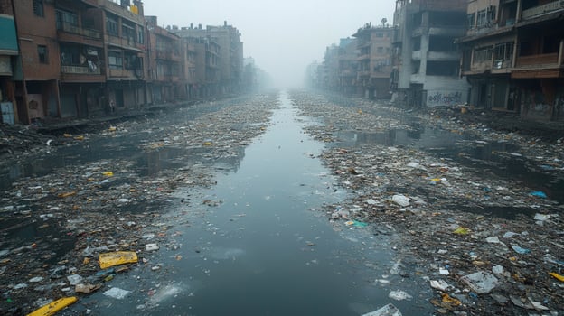 A polluted canal in a city, filled with trash and debris, reflecting the buildings. photo