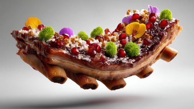 Grilled ribs decorated with colorful edible flowers and toppings. photo