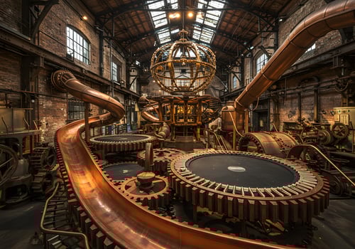 Industrial interior with copper slide and gears photo