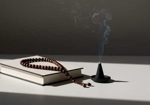Prayer beads and incense still life image photo