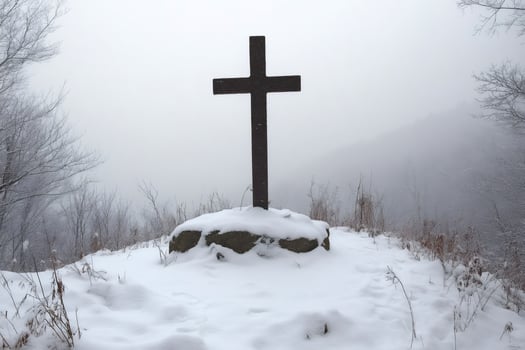 Large cross standing on a snowy hill during winter photo