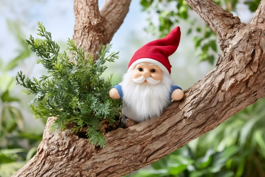 Christmas gnome climbing a tree branch near some leaves photo