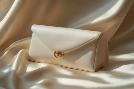 Elegant beige clutch bag with golden clasp resting on luxurious silk fabric photo