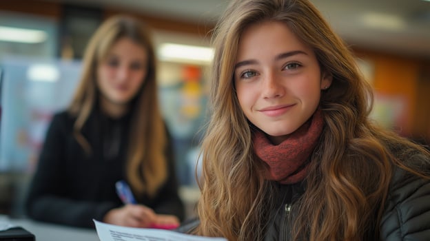 A young woman holding documents looks cheerful while working in a busy government office. photo