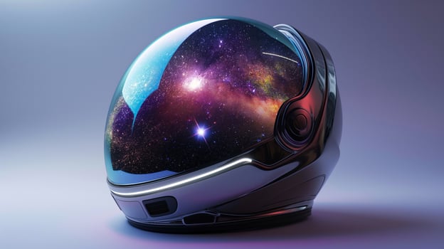 A futuristic helmet reflects a vibrant cosmic landscape, filled with galaxies and stars. This unique design symbolizes the spirit of exploration and adventure in the vast universe. photo