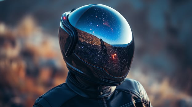 A space nomad gazes into the cosmos, wearing a futuristic helmet that mirrors the stars. The landscape features distant galaxies, showcasing a vivid universe waiting to be discovered. photo