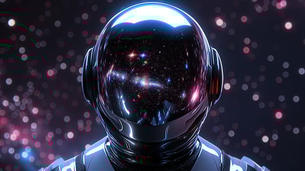 An astronaut with a glossy helmet gazes into the vast cosmos, reflecting brilliant stars and galaxies. The wanderer's presence signifies exploration and discovery in a boundless universe. photo