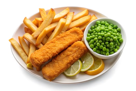 Delicious Fish and Chips Meal with Peas and Lemon photo
