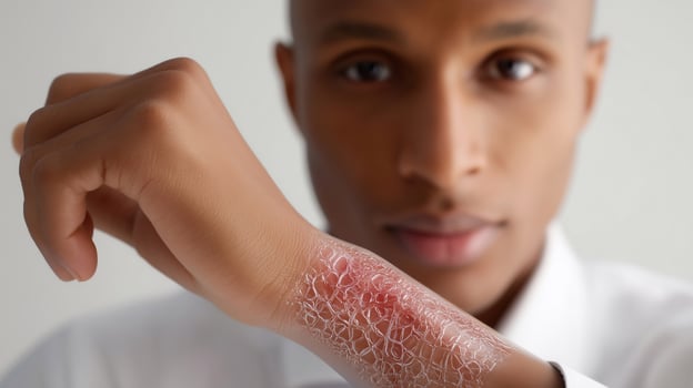 Young Black man showing healing artificial skin graft on forearm, representing dermatological treatment, skin regeneration and advanced medical technology. photo