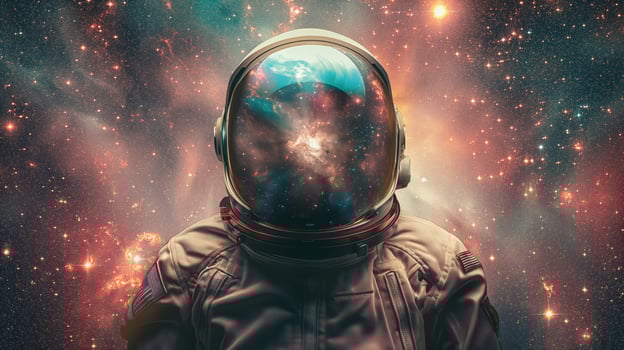An artificial intelligence nomad drifts through the cosmos, adorned in a space suit with a reflective helmet. The helmet displays a vibrant nebula, symbolizing infinite exploration and knowledge. photo
