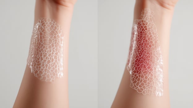 Artificial skin graft on human arm showing before and after healing stages, illustrating advanced biomedical technology in tissue regeneration and wound recovery treatment. photo