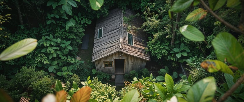Rustic wooden home in peaceful garden setting. photo