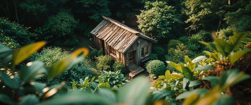 Rustic wooden home in peaceful garden setting photo