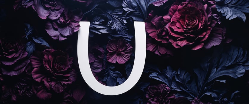 White Letter U on Dark Floral Background. photo