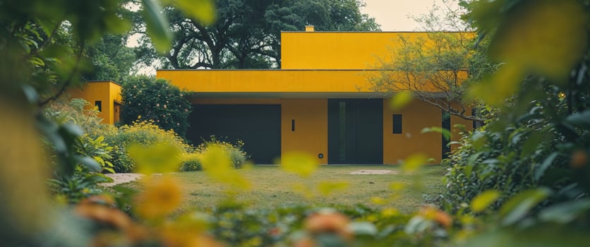 Yellow House with Lush Landscaping and Garage photo