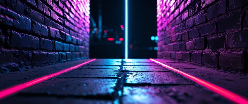 Dark brick wall background with neon lights. photo