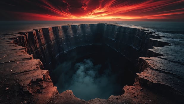 a mystical scene at the edge of a cliff, gazing into an endless abyss beneath a burning sky photo